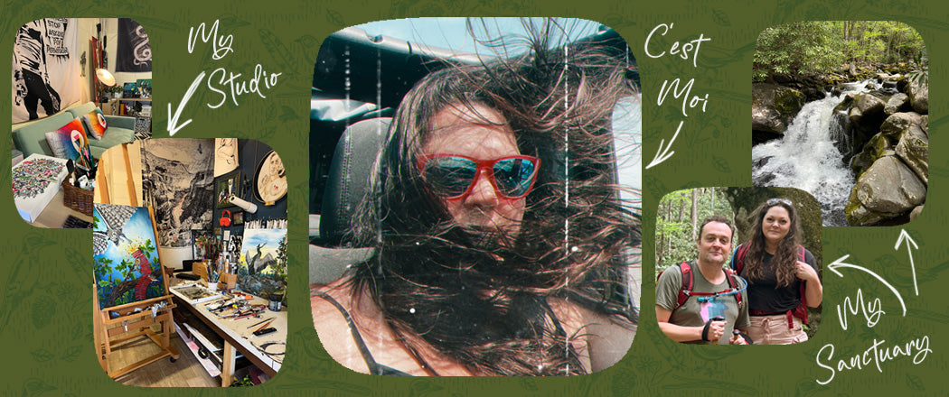 This is a collage style image. It has a patterned background of birds and trees. There are two photos of my art studio on the left. A photo of me in the middle riding in my Jeep. There is a photo of me and my husband hiking. And a third photo of a waterfall that I took on one of my hiking trips.