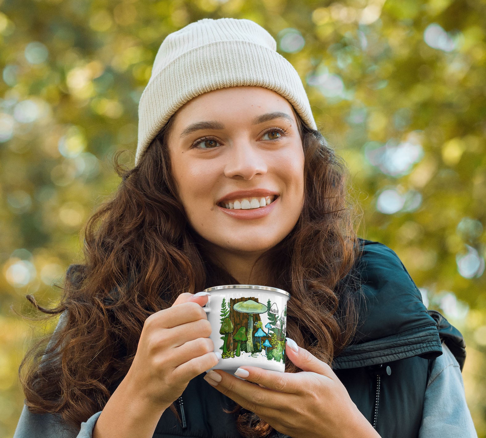 Female hike holding the green mushroom camp mug.
