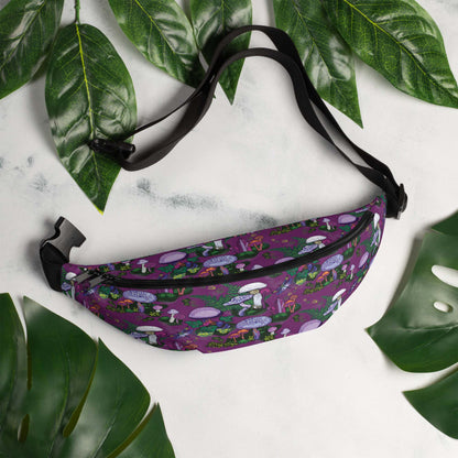 Purple Mushrooms Hip Pack on marble surrounded by leaves | Hiking Sling Bag | Festival Gear