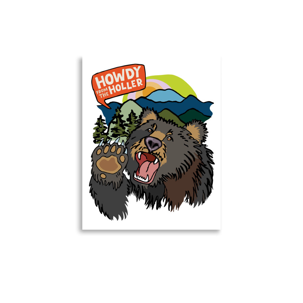 'Howdy from the Holler' unframed art print, which shows a bear in an Appalachian mountain landscape. This is the 11x14 size.