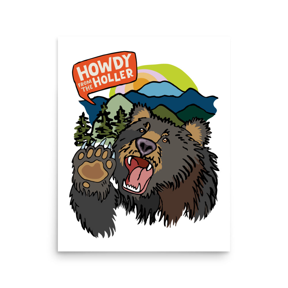 'Howdy from the Holler' unframed art print, which shows a bear in an Appalachian mountain landscape. This is the 16x20 size.