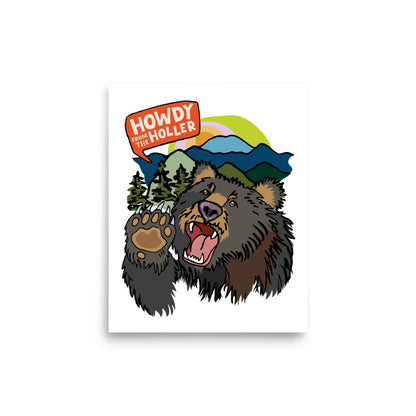 'Howdy from the Holler' unframed art print, which shows a bear in an Appalachian mountain landscape. This is the 8x10 size.