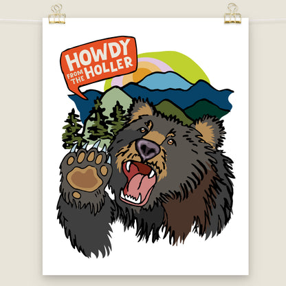 Howdy from the Holler Bear art print displayed with clips on a string with an ivory background.