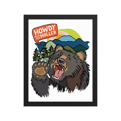 Framed artwork of an illustrated bear in the Appalachian mountains and 'Howdy from the Holler' text. The art print is in a black wood frame. This image shows the 11x14 size.