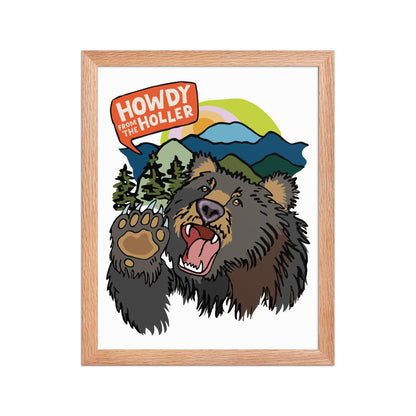 Framed artwork of an illustrated bear in the Appalachian mountains and 'Howdy from the Holler' text. The art print is in a natural red wood frame. This image shows the 11x14 size.