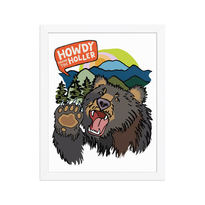 Framed artwork of an illustrated bear in the Appalachian mountains and 'Howdy from the Holler' text. The art print is in a white wood frame. This image shows the 11x14 size.
