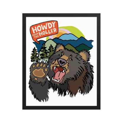 Framed artwork of an illustrated bear in the Appalachian mountains and 'Howdy from the Holler' text. The art print is in a black wood frame. This image shows the 16x20 size.