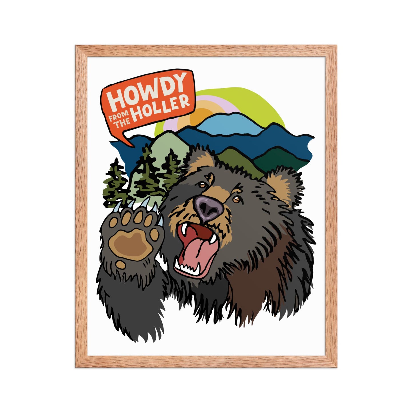 Framed artwork of an illustrated bear in the Appalachian mountains and 'Howdy from the Holler' text. The art print is in a natural red wood frame. This image shows the 16x20 size.