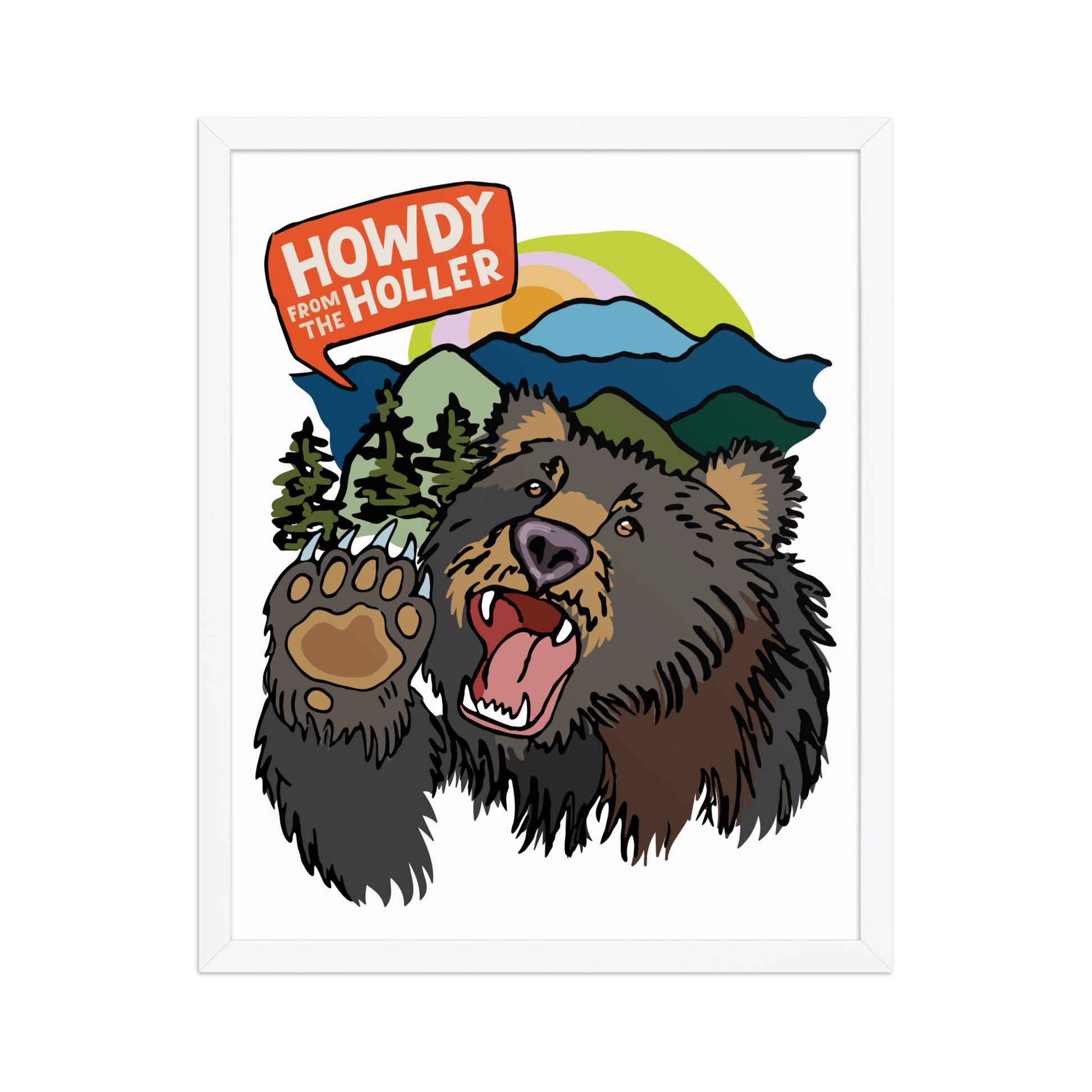 Framed artwork of an illustrated bear in the Appalachian mountains and 'Howdy from the Holler' text. The art print is in a white wood frame. This image shows the 16x20 size.