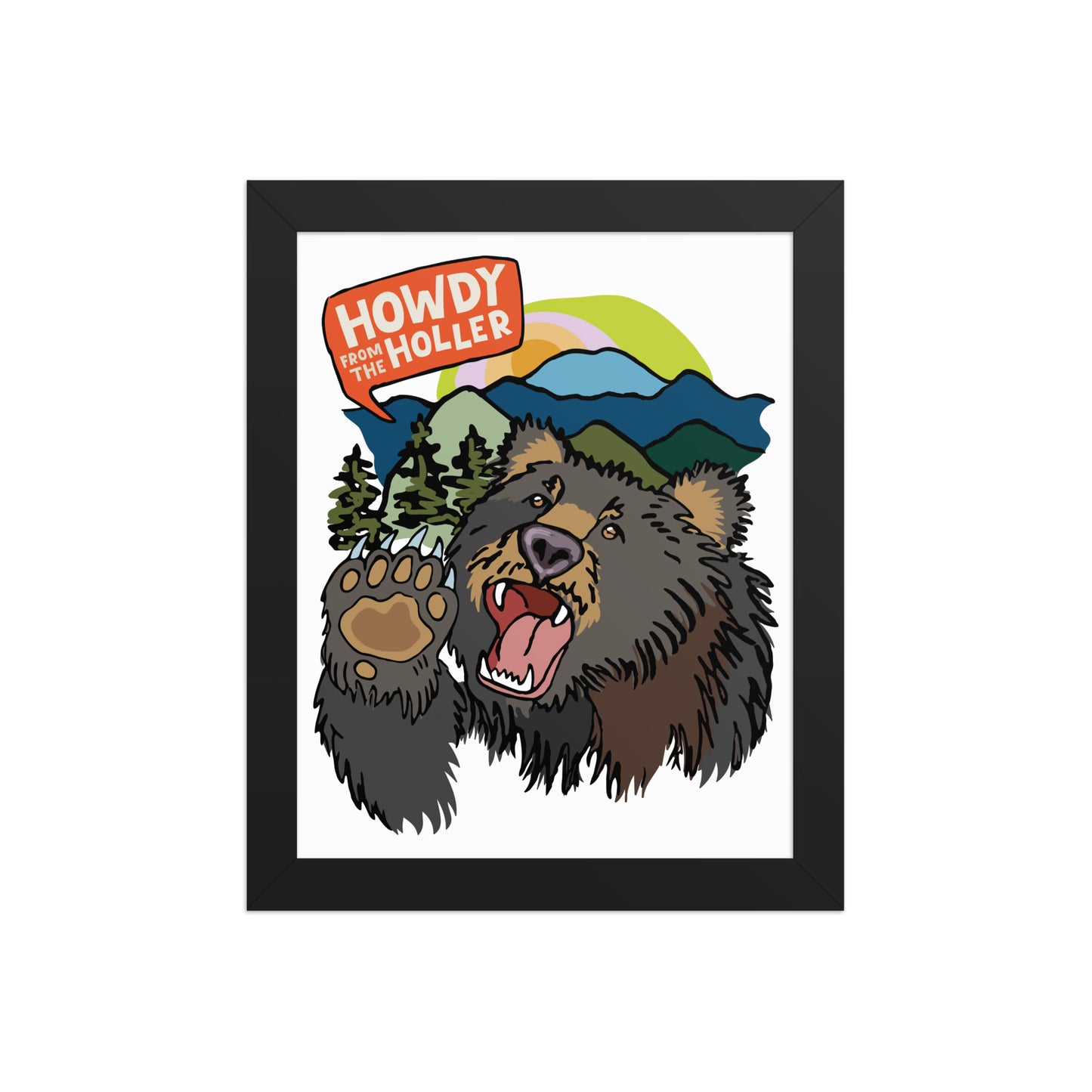 Framed artwork of an illustrated bear in the Appalachian mountains and 'Howdy from the Holler' text. The art print is in a black wood frame. This image shows the 8x10 size.