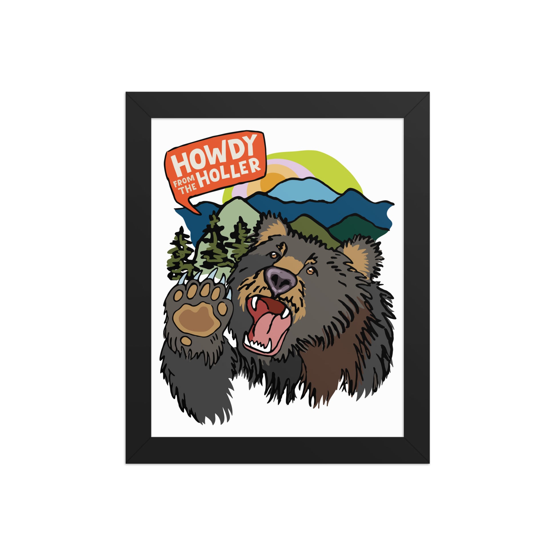 Framed artwork of an illustrated bear in the Appalachian mountains and 'Howdy from the Holler' text. The art print is in a black wood frame. This image shows the 8x10 size.