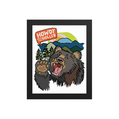 Framed artwork of an illustrated bear in the Appalachian mountains and 'Howdy from the Holler' text. The art print is in a black wood frame. This image shows the 8x10 size.