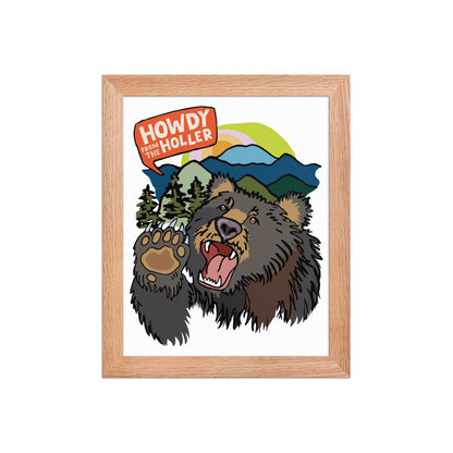 Framed artwork of an illustrated bear in the Appalachian mountains and 'Howdy from the Holler' text. The art print is in a natural red wood frame. This image shows the 8x10 size.