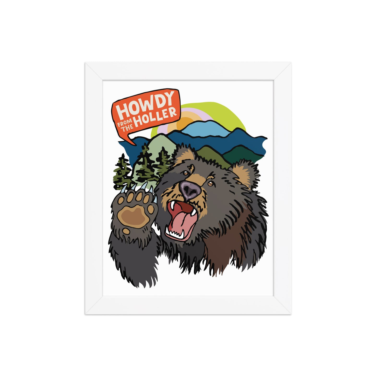 Framed artwork of an illustrated bear in the Appalachian mountains and 'Howdy from the Holler' text. The art print is in a white wood frame. This image shows the 8x10 size.