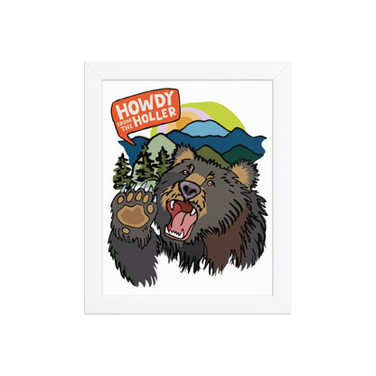 Framed artwork of an illustrated bear in the Appalachian mountains and 'Howdy from the Holler' text. The art print is in a white wood frame. This image shows the 8x10 size.
