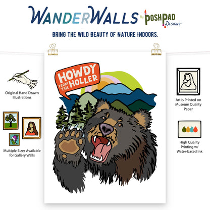 This is an infographic showing the Howdy from the Holler Bear art poster  in the middle. Icons showing the product perks line up on either side of the poster. Those perks include the availability of different sizes, the use of high-quality water-based inks, high-quality paper, and the uniqueness of the art being hand-drawn.