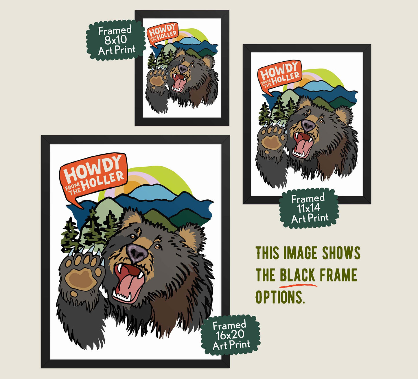 Image showing the different size variants for the black wood frames for the Howdy from the Holler art prints.