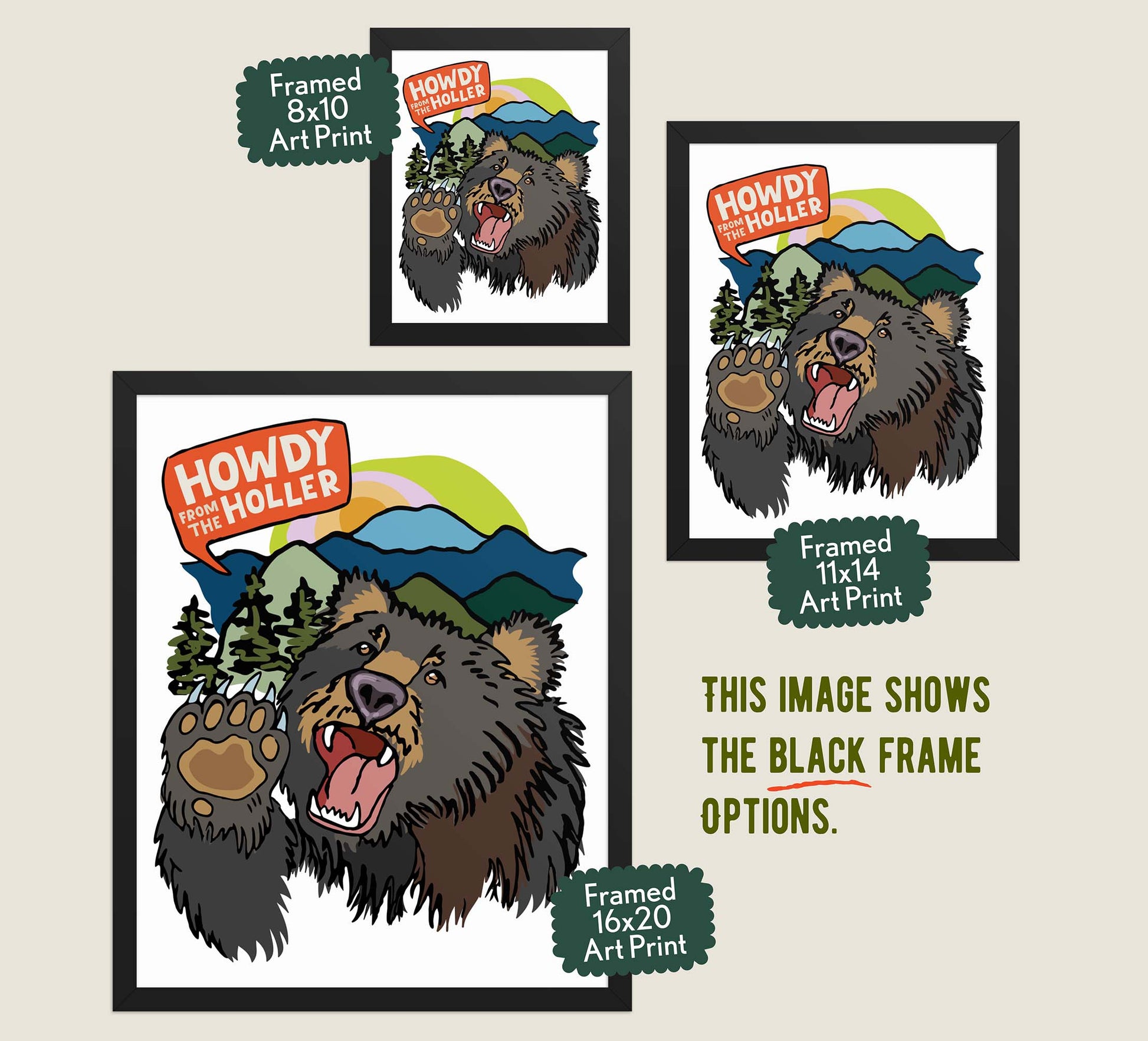 Image showing the different size variants for the black wood frames for the Howdy from the Holler art prints.