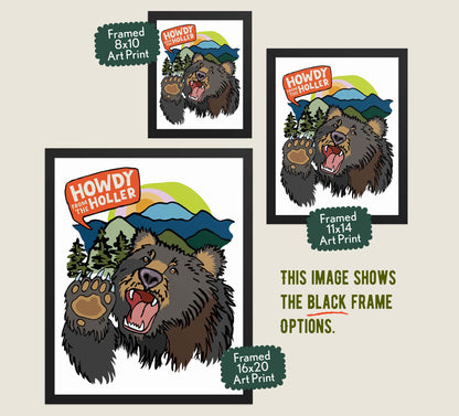 Image showing the different size variants for the black wood frames for the Howdy from the Holler art prints.