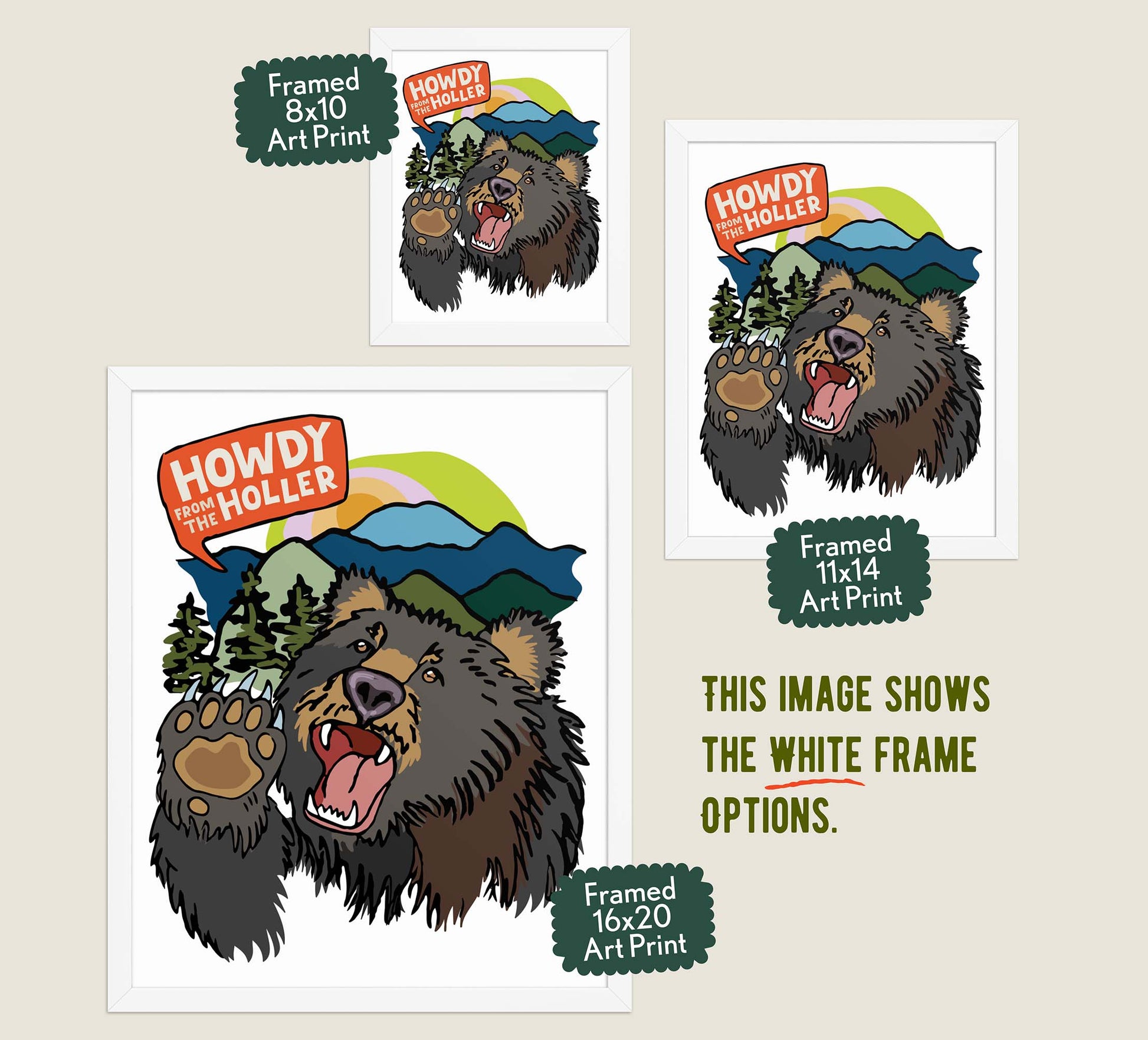 Image showing the different size variants for the white wood frames for the Howdy from the Holler art prints.