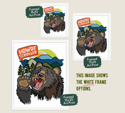 Image showing the different size variants for the white wood frames for the Howdy from the Holler art prints.