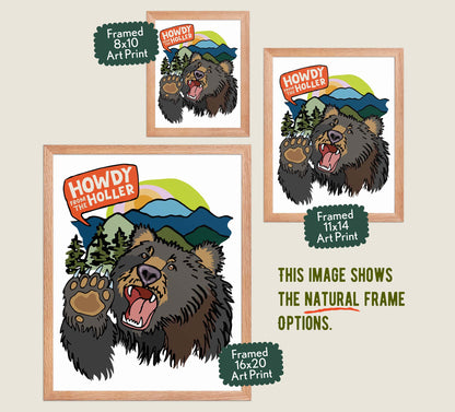Image showing the different size variants for the natural red wood frames for the Howdy from the Holler art prints.