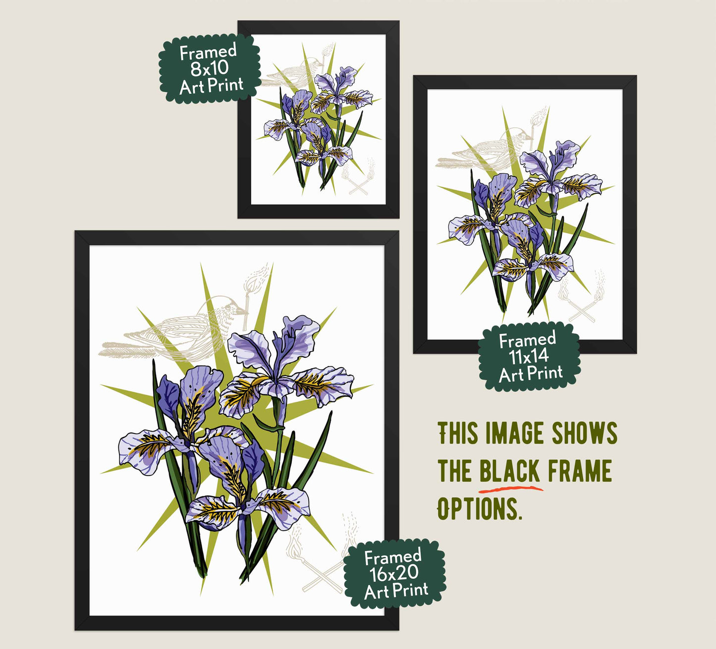 This image shows the three available sizes, which are 8x10, 11x14, and 16x20. This image shows them all in black wood frames.