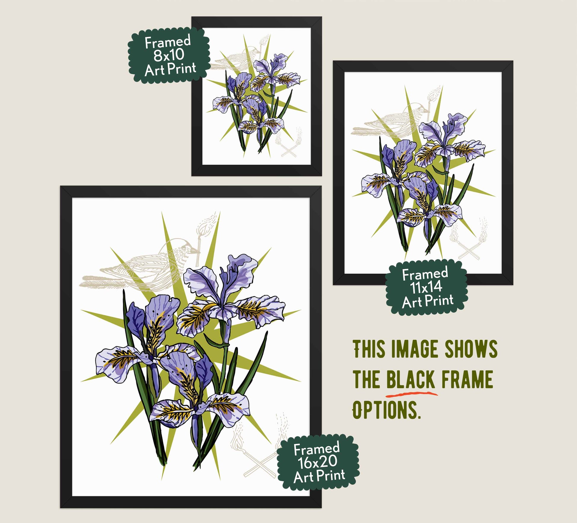 This image shows the three available sizes, which are 8x10, 11x14, and 16x20. This image shows them all in black wood frames.