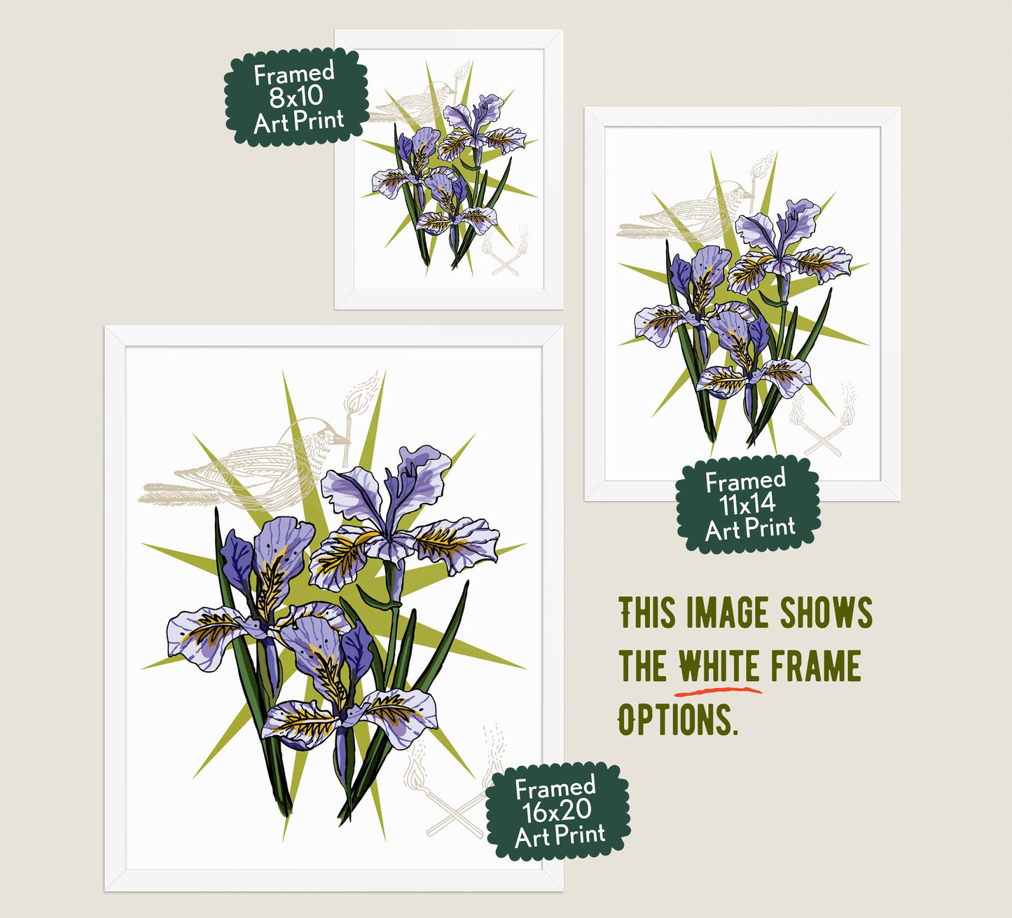 This image shows the three available sizes, which are 8x10, 11x14, and 16x20. This image shows them all in white wood frames.