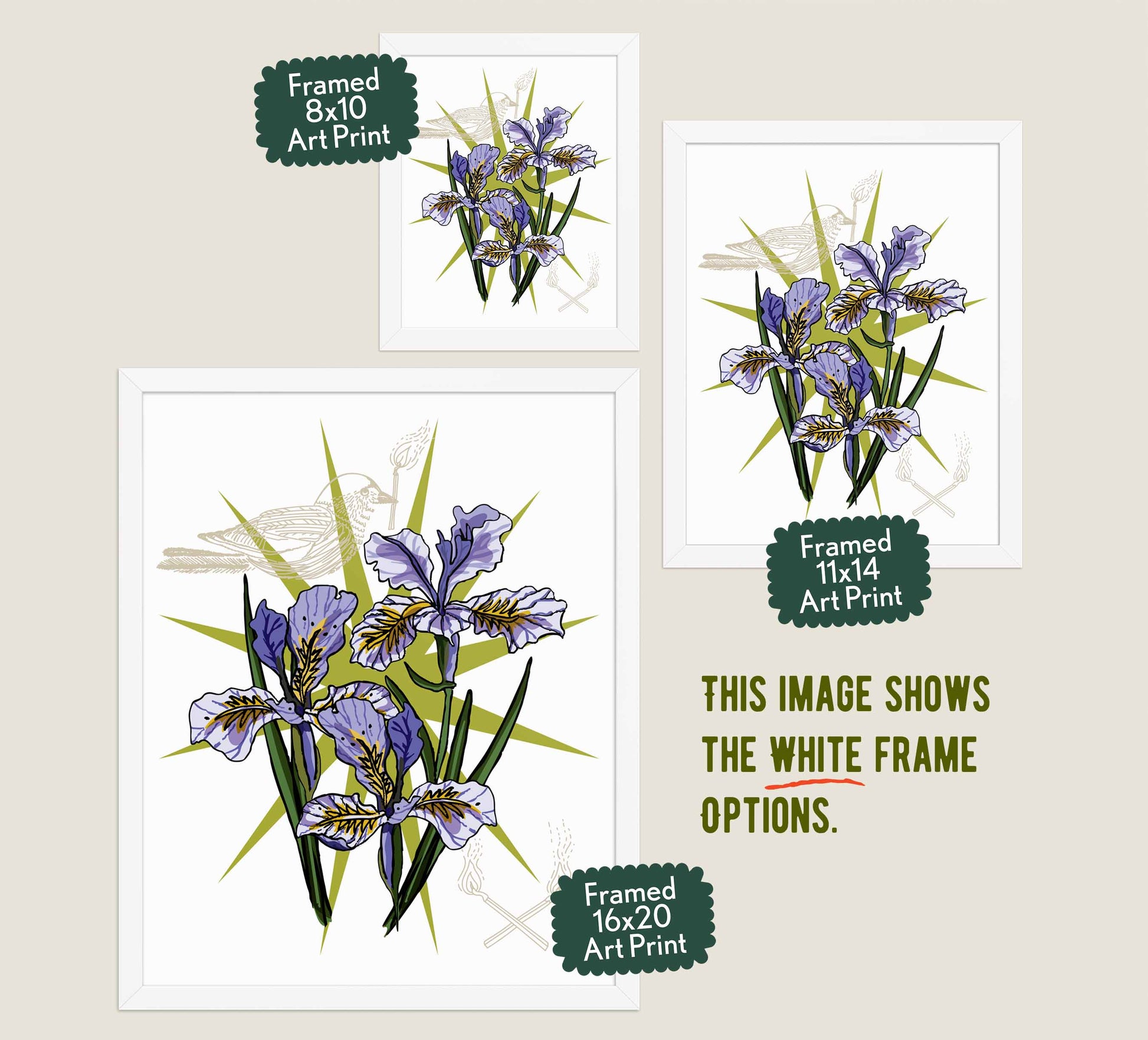 This image shows the three available sizes, which are 8x10, 11x14, and 16x20. This image shows them all in white wood frames.