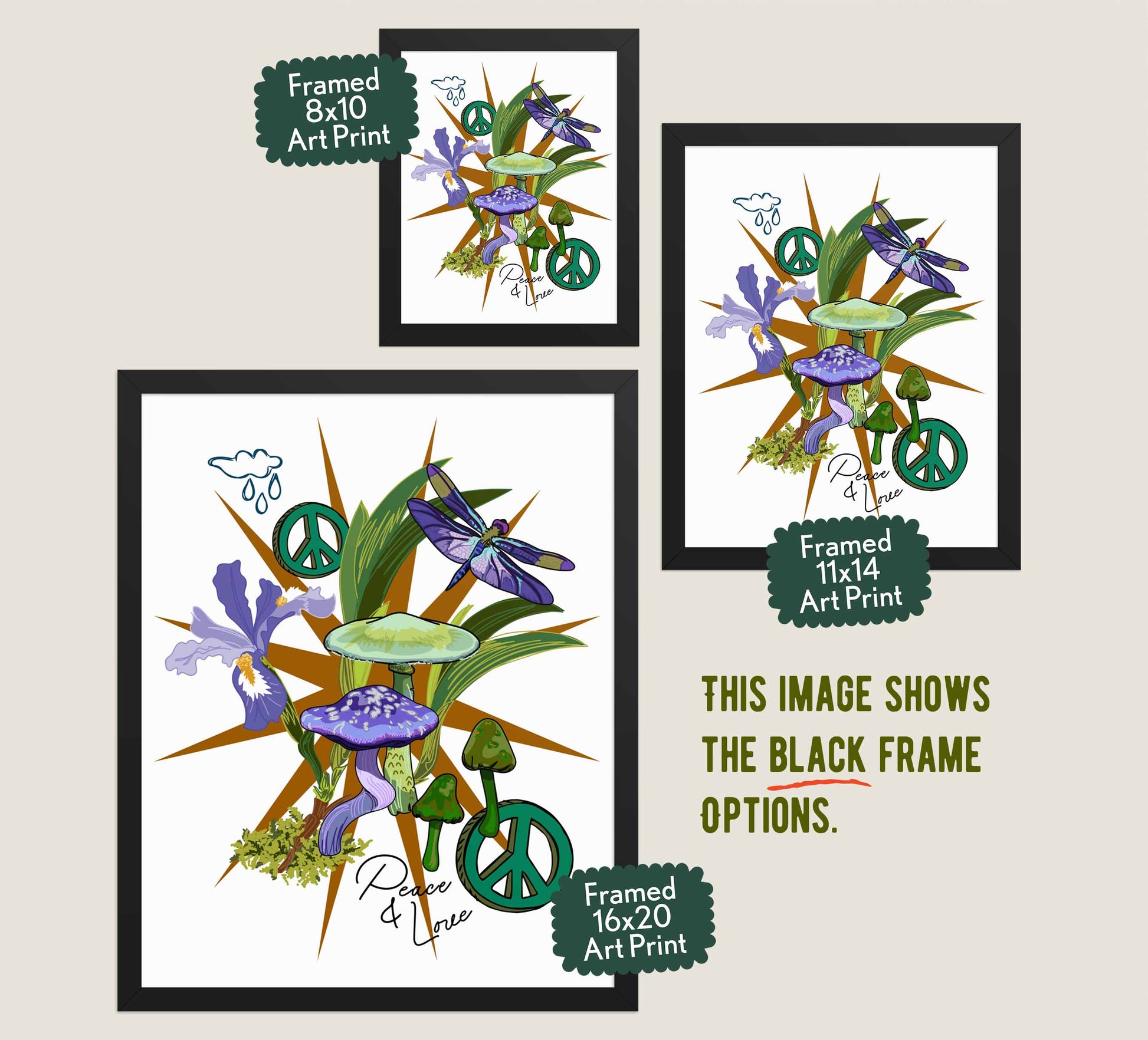 This image shows the three available sizes, which are 8x10, 11x14, and 16x20. This image shows them all in black wood frames.