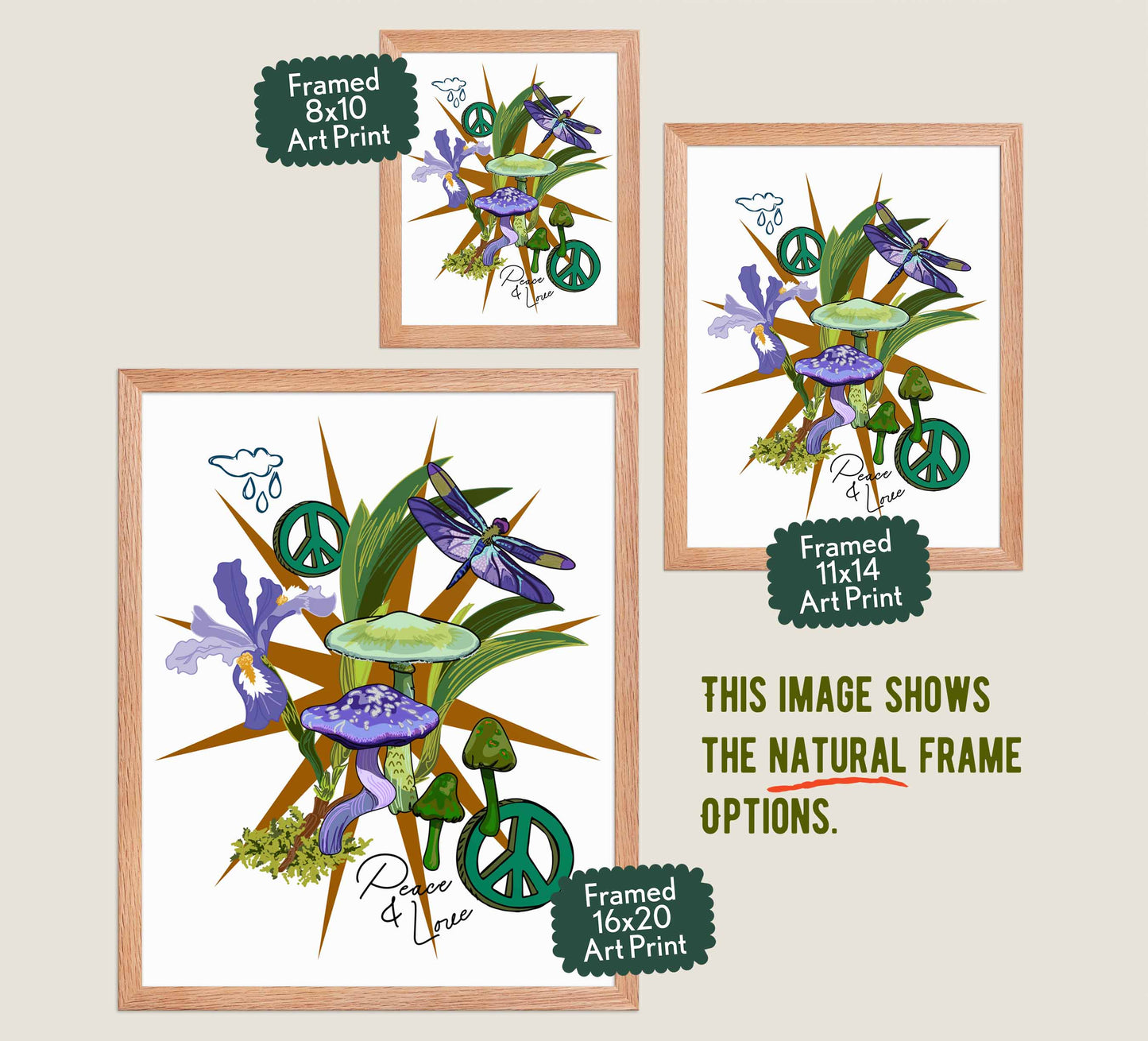 This image shows the three available sizes, which are 8x10, 11x14, and 16x20. This image shows them all in natural wood frames.