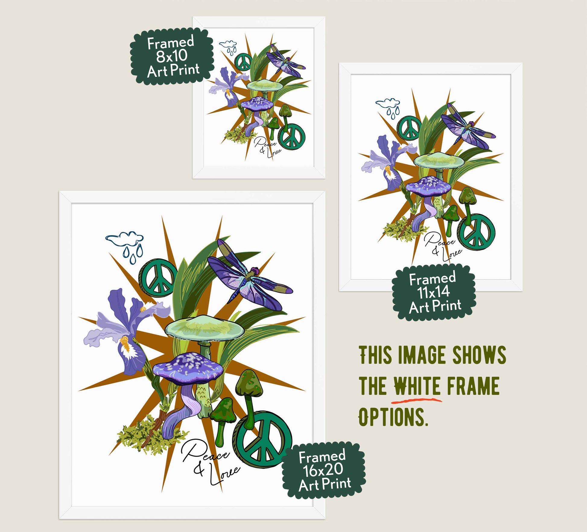 This image shows the three available sizes, which are 8x10, 11x14, and 16x20. This image shows them all in white wood frames.