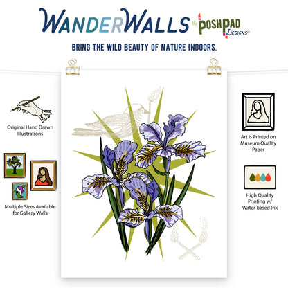 This is an infographic showing the art print in the middle. Icons showing the product perks line up on either side of the poster. Those perks include the availability of three different sizes, the use of high-quality water-based inks, and high-quality paper, and the uniqueness of the art being hand-drawn.