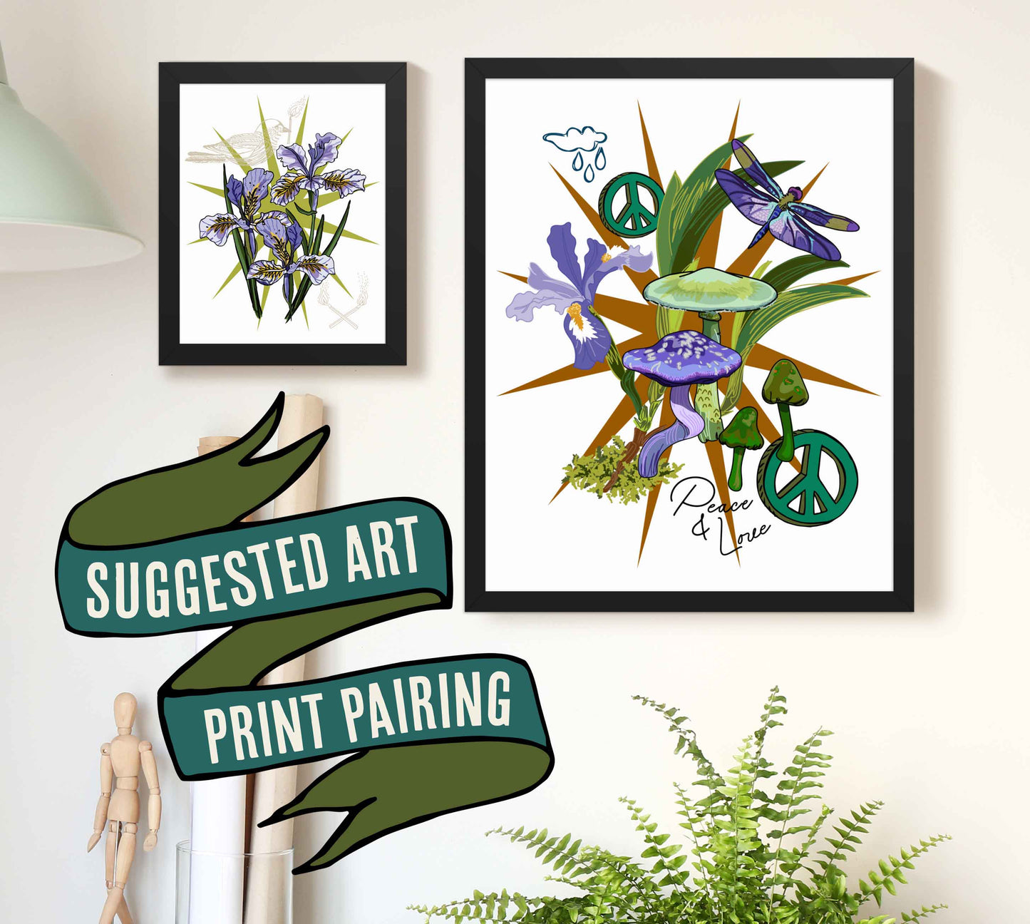 This is a photograph of two framed art prints from the Posh Pad Appalachian Rococo collection with a ribbon stating that this is a suggested art print pairing. The two prints in the photo are the Iris Floral & Bird paired with the Wild Iris, Mushroom, & Peace Sign art print.