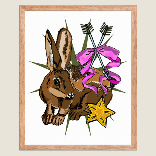 Lucky Bunny Bows and Arrows art print in a natural wood frame.
