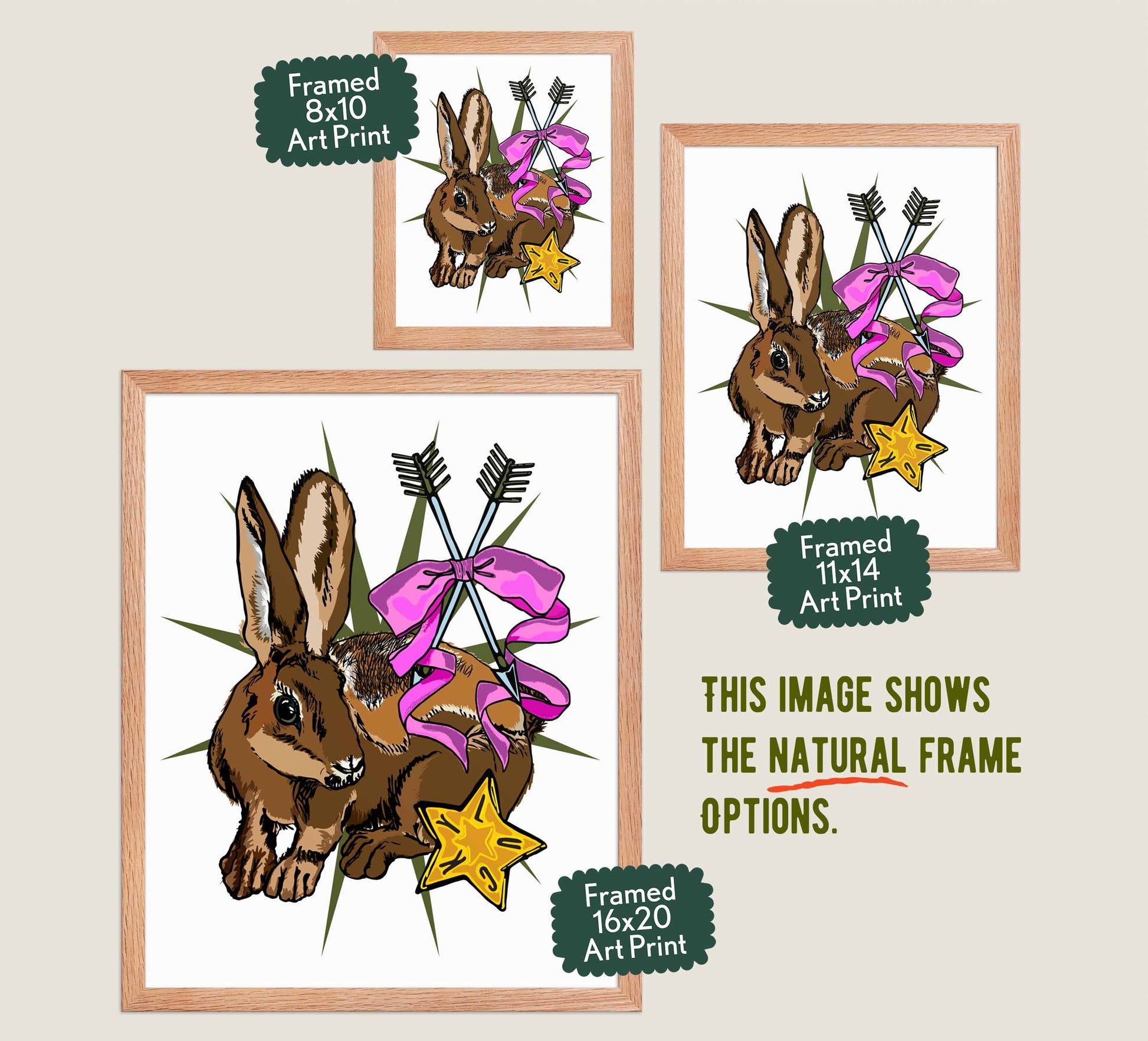 This image shows the three available sizes, which are 8x10, 11x14, and 16x20. This image shows them all in natural wood frames.