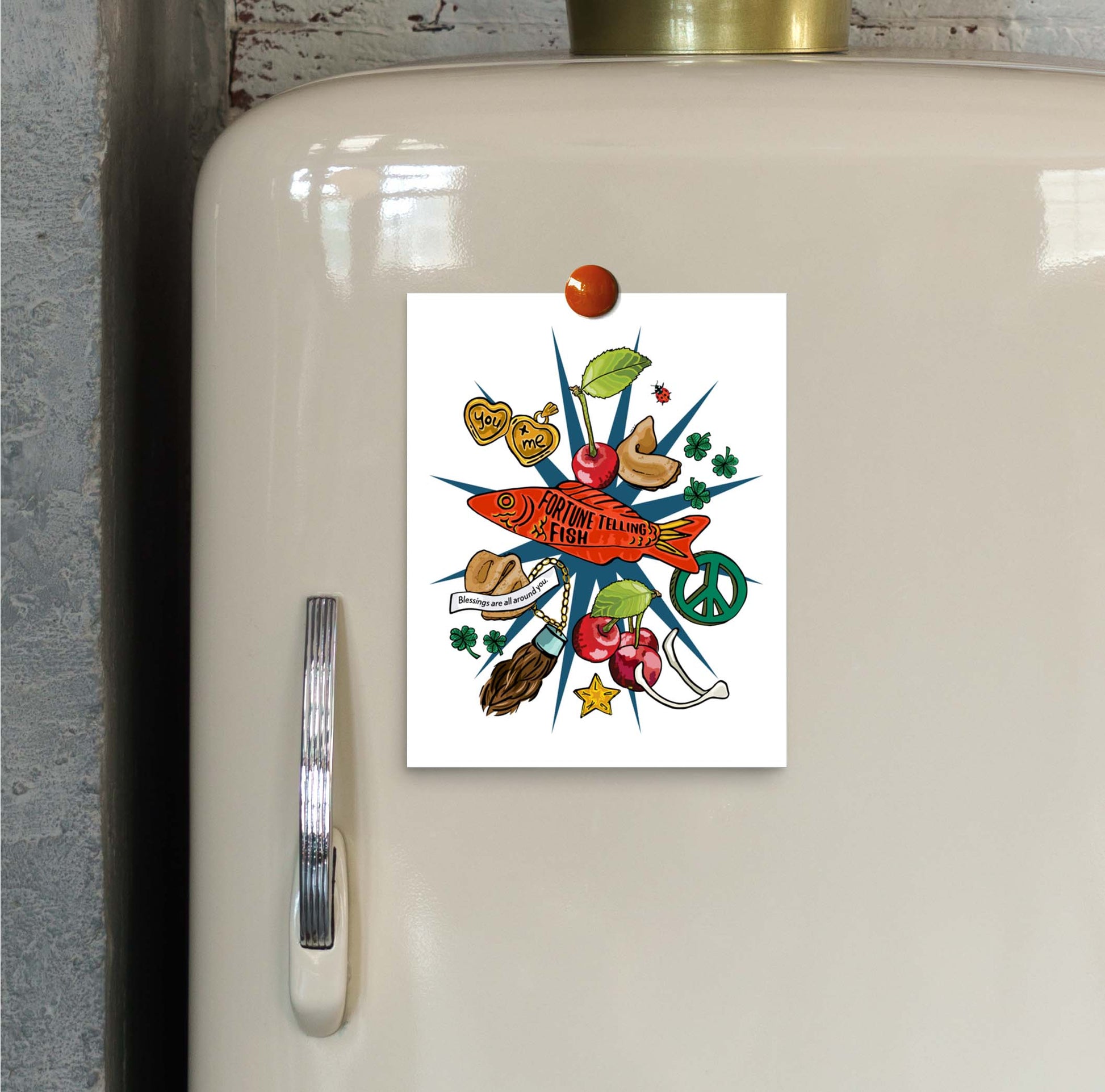 Lucky Charms art print hung on a refrigerator door with a magnet.