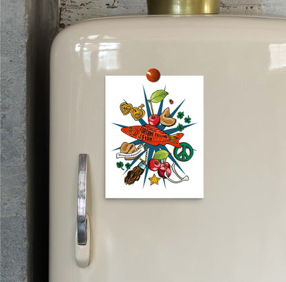 Lucky Charms art print hung on a refrigerator door with a magnet.