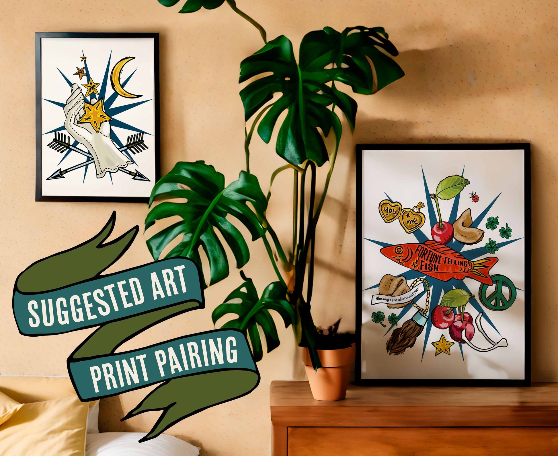 This photo shows a suggested art print pairing. This pairing shows the Lucky Charms art print in a black frame on a dresser with a plant. The companion print is the Lucky Star Giver art print, which is in a black frame on the wall.