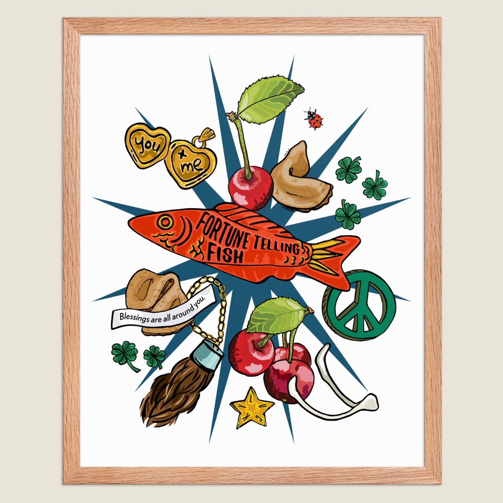 Lucky Charms art print in a natural wood frame.