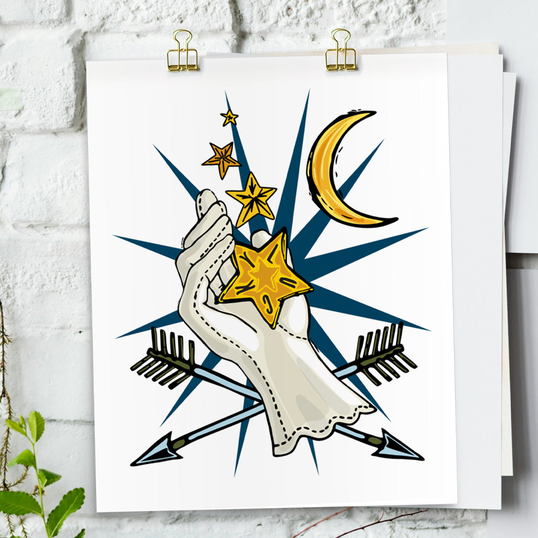 Lucky Stars art print hanging from a white bring wall with gold clips.