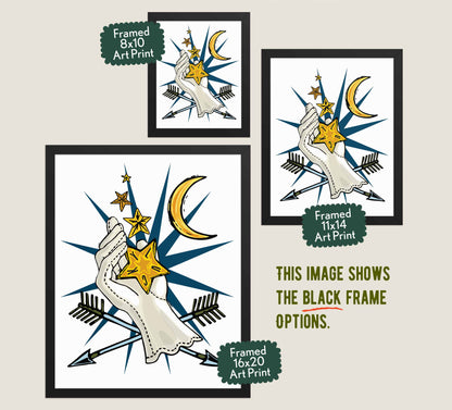 This image shows the three available sizes, which are 8x10, 11x14, and 16x20. This image shows them all in black wood frames.