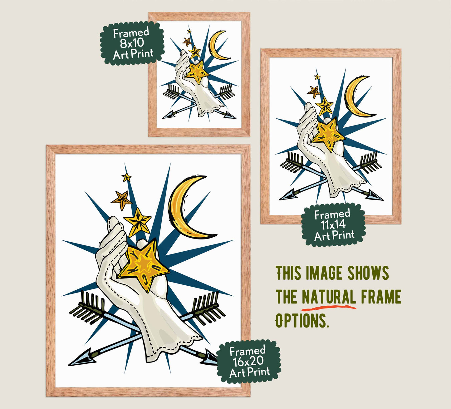 This image shows the three available sizes, which are 8x10, 11x14, and 16x20. This image shows them all in natural wood frames.