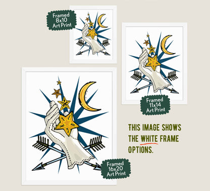 This image shows the three available sizes, which are 8x10, 11x14, and 16x20. This image shows them all in white wood frames.