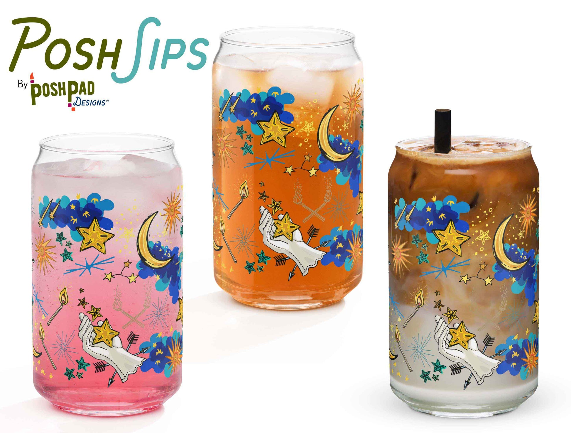 This image shows three glasses, each one with a different drink to show how the glass looks with differently colored liquid in it. There's a glass of pink drink, iced tea, and another with an iced latte.
