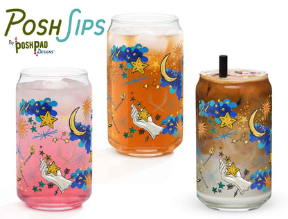 This image shows three glasses, each one with a different drink to show how the glass looks with differently colored liquid in it. There's a glass of pink drink, iced tea, and another with an iced latte.