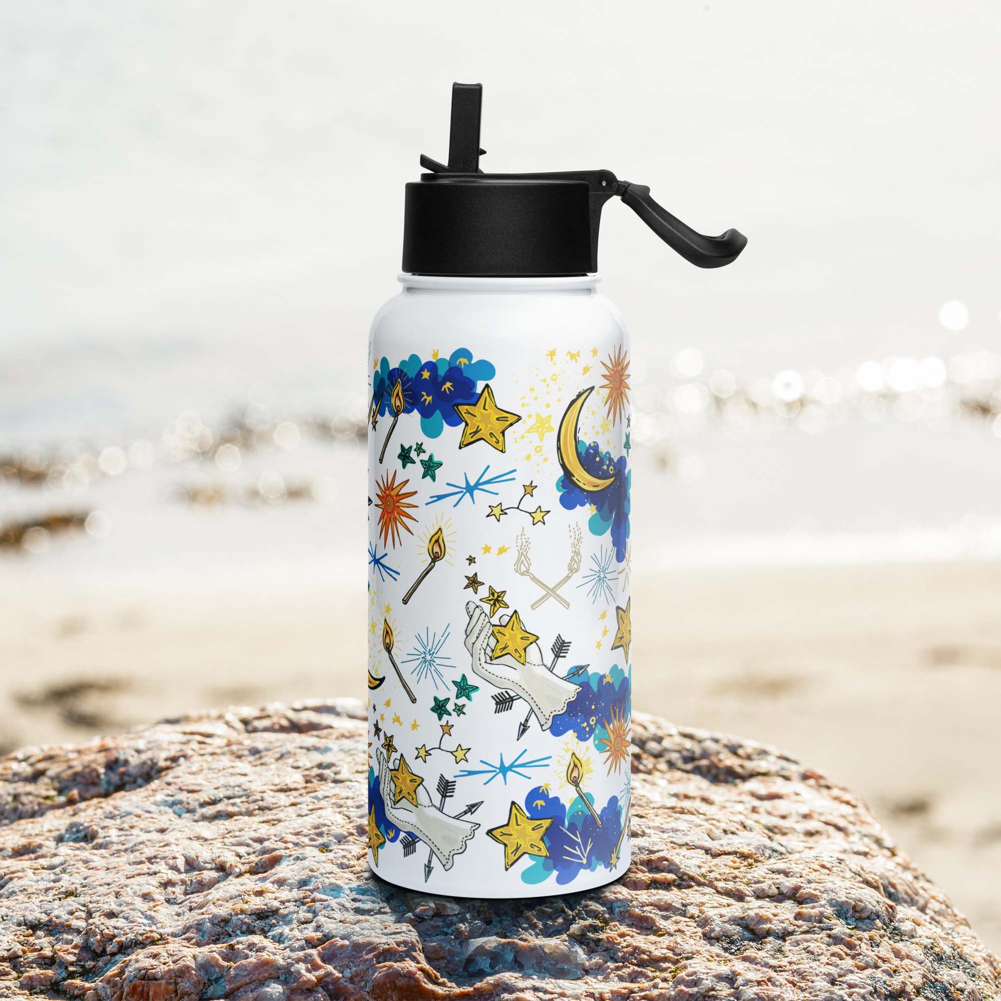 Right side of the Moon and Stars Insulated Water Bottle with a Straw Lid | Crescent Moons, Stars, Hand of Fate | Outdoorsy Girl Gift