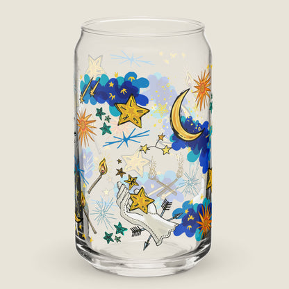 Image of the glass tumbler. The artwork has illustrations of various stars and constellations, a star that says "Lucky", a white gloved hand of fate that is releasing stars into the sky, crescent moons, shooting star, arrows, burning matches and the sun.