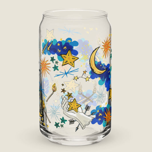Image of the glass tumbler. The artwork has illustrations of various stars and constellations, a star that says "Lucky", a white gloved hand of fate that is releasing stars into the sky, crescent moons, shooting star, arrows, burning matches and the sun.